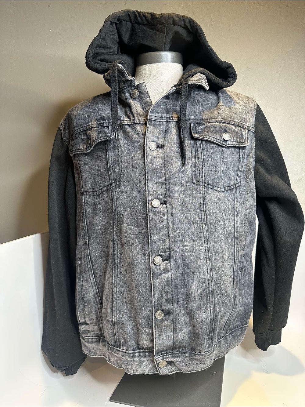 Men's Washed Black Denim Hooded Shirt Jacket
